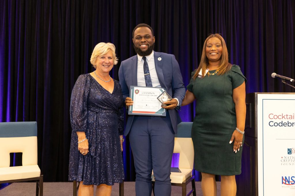 2024 Cocktails and Codebreakers- NCF President Laura Nelson, Educator Derrick Harrell, and NCF Education Director Alisha Jordan.